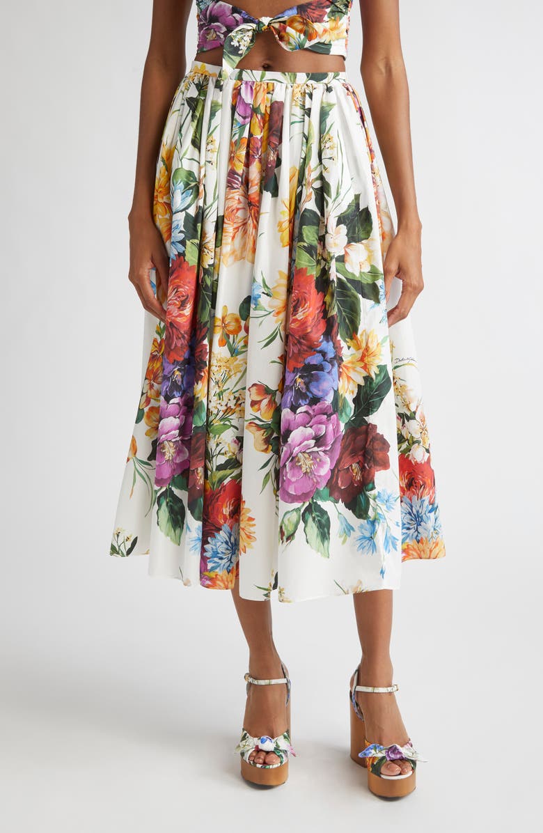 Dolce&Gabbana Floral Print Pleated Cotton Poplin A-Line Midi Skirt, Main, color, Ha5pc B.fiori Cret. F.bco