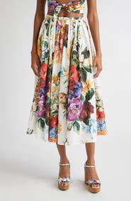 Dolce&Gabbana Floral Print Pleated Cotton Poplin A-Line Midi Skirt