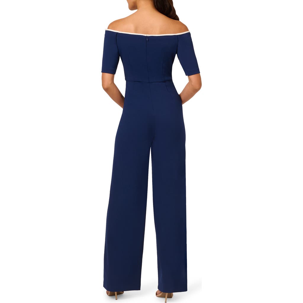 Adrianna Papell Tie Waist Knit Crepe Jumpsuit In Navy Sateen/ivory