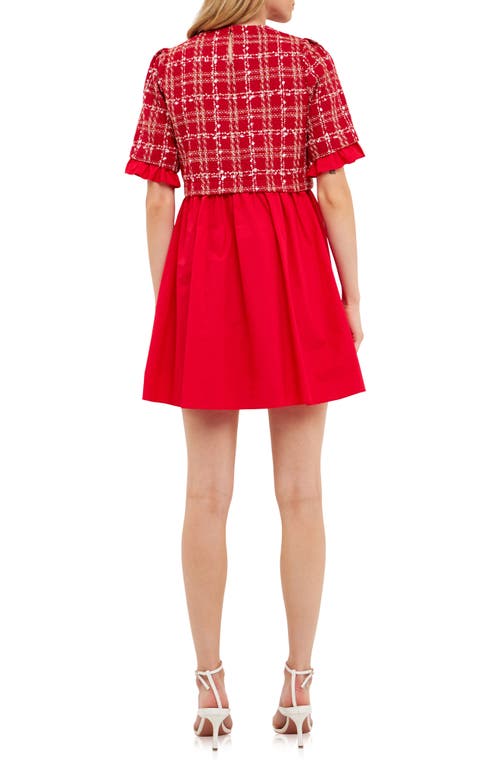 English Factory Pleated Tweed & Poplin Minidress In Red