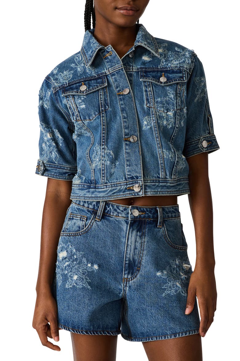 Distressed Short Sleeve Denim Jacket, Main, color, MIXED INDIGO