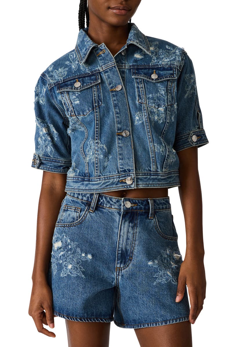 Steve Madden Distressed Short Sleeve Denim Jacket, Main, color, Mixed Indigo