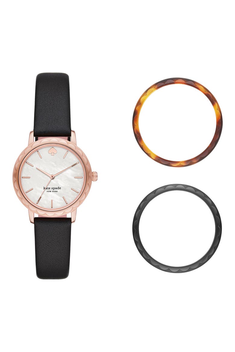 'metro' round leather strap watch, 34mm, Main, color, BLACK/ MOP/ ROSE GOLD