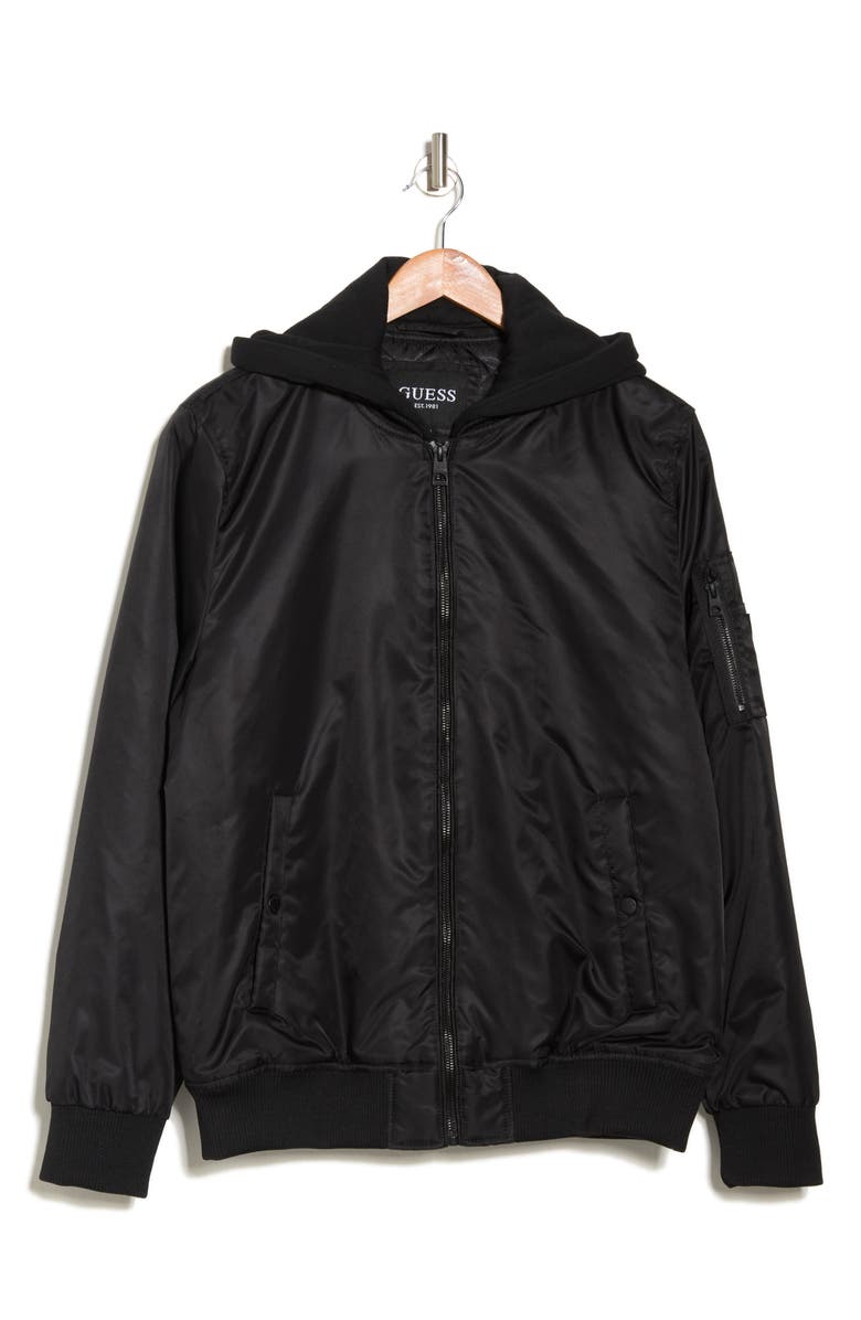 GUESS Fleece Hood Nylon Bomber Jacket, Alternate, color, 