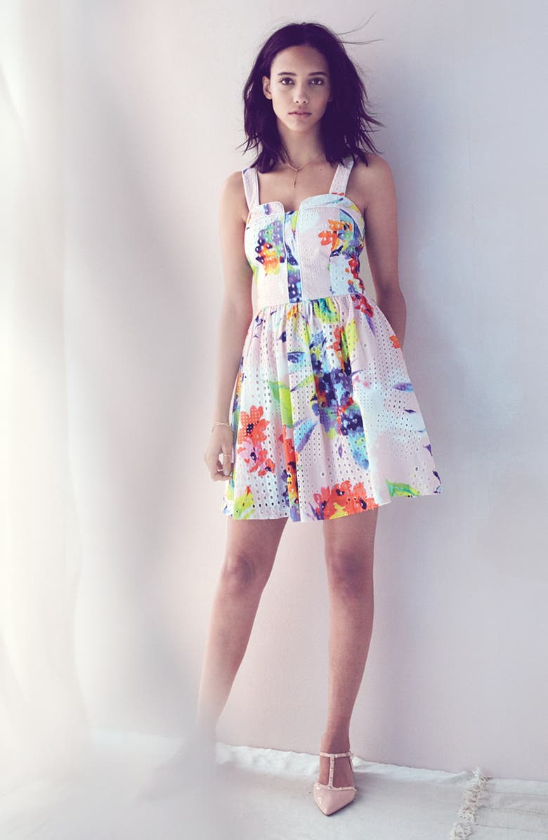 Trina Turk 'Elin' Print Cotton Eyelet Fit & Flare Dress, Alternate, color,