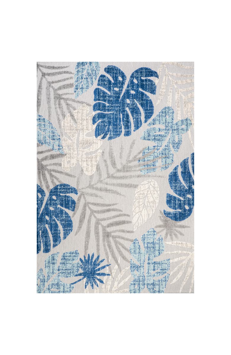 JONATHAN Y Monstera Tropical Leaf High-Low Indoor/Outdoor Area Rug, Main, color, Light Gray/Navy