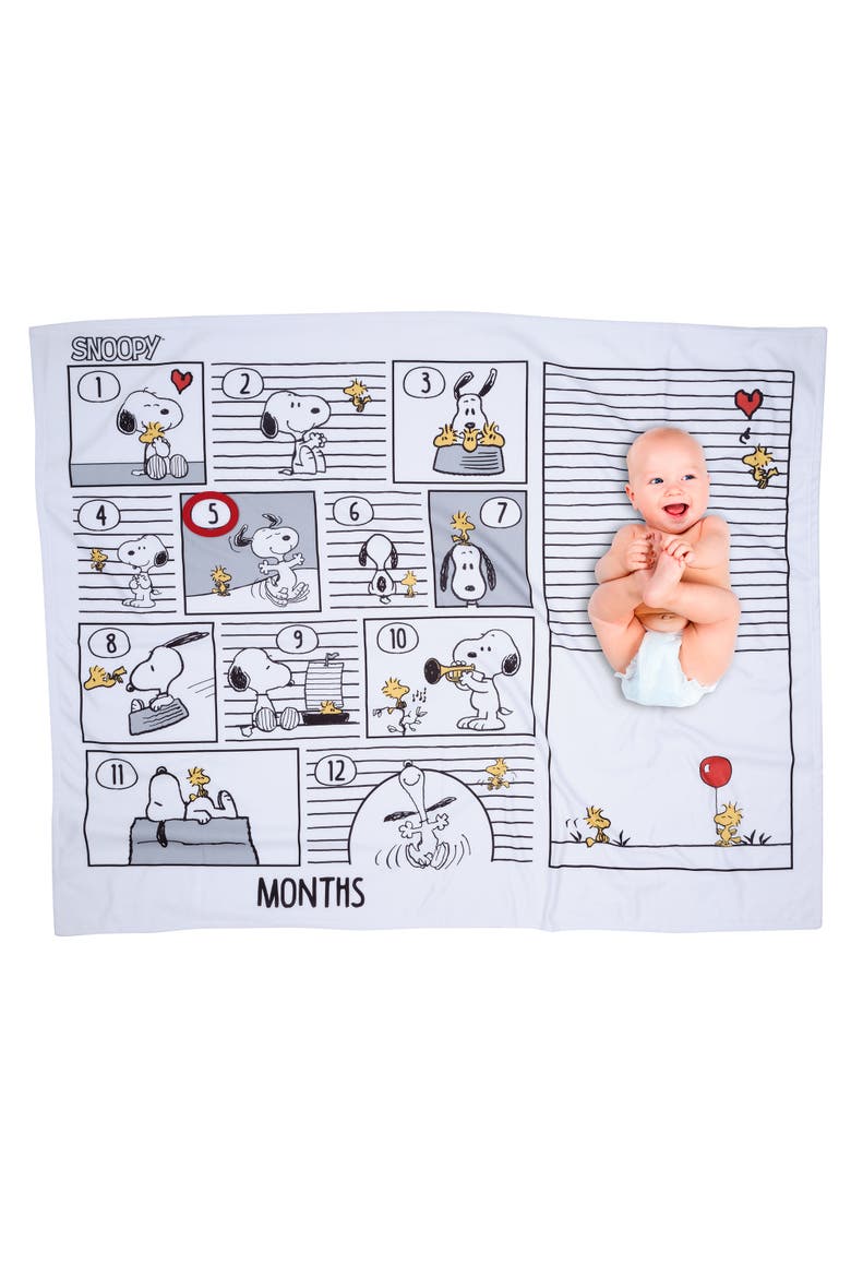 Snoopy Milestone Photo Opportunity Fleece Baby Blanket, Main, color, White