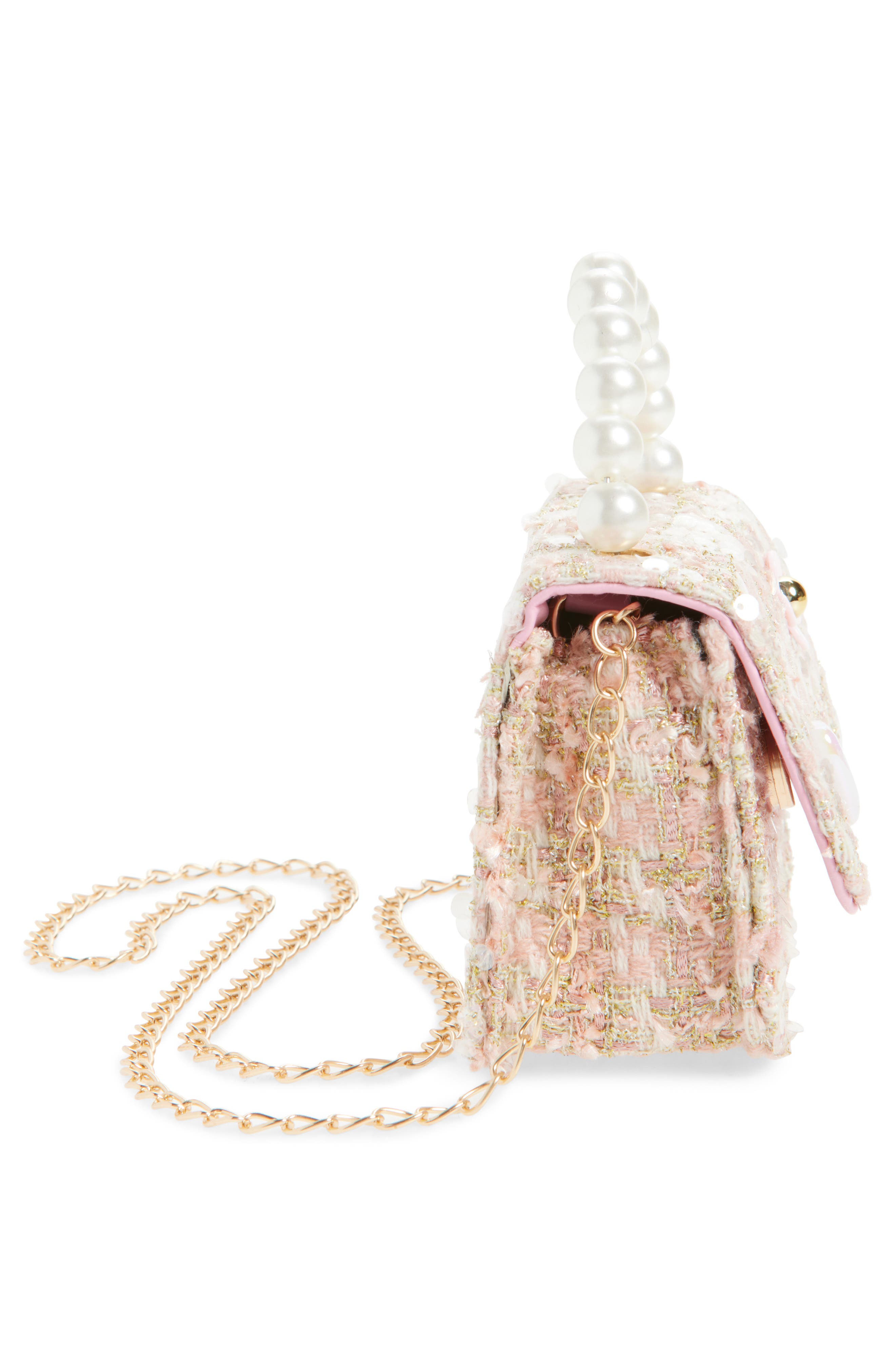 Ruby & Ry Kids' Pink Tweed Faux Pearl Top Handle Bag, Alternate, color, Pink