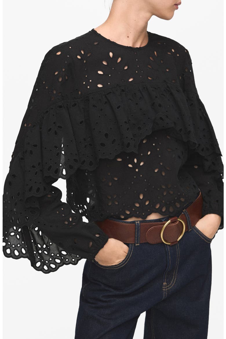 Molly Embroidered Eyelet Flutter Sleeve Top, Main, color, BLACK