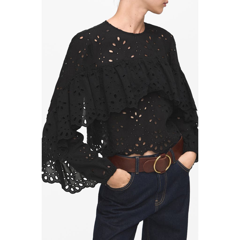 Mango Molly Embroidered Eyelet Flutter Sleeve Top In Black