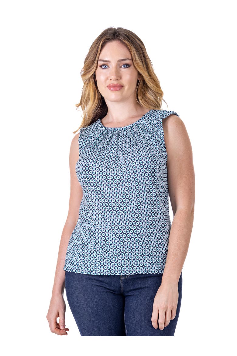 Petites Blue Print Pleated Crew Neckline Back Closure Sleeveless Top, Main, color, Blue Multi