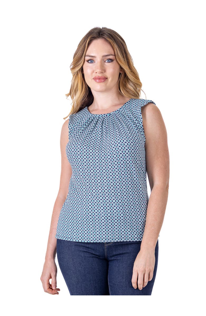 24seven Comfort Apparel Petites Blue Print Pleated Crew Neckline Back Closure Sleeveless Top, Main, color, Blue Multi
