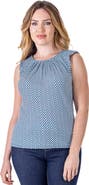 24seven Comfort Apparel Petites Blue Print Pleated Crew Neckline Back Closure Sleeveless Top