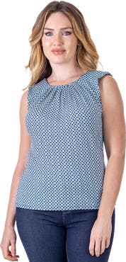 24seven Comfort Apparel Petites Blue Print Pleated Crew Neckline Back Closure Sleeveless Top