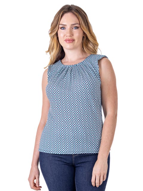 24seven Comfort Apparel Petites Blue Print Pleated Crew Neckline Back Closure Sleeveless Top