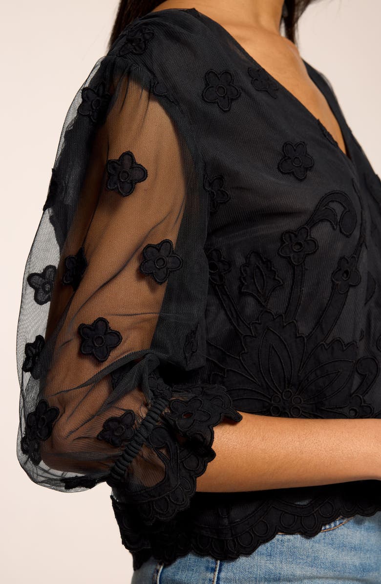 Ramy Brook Esmeralda Floral Embroider V-Neck Shirt, Alternate, color, Black Embroidery