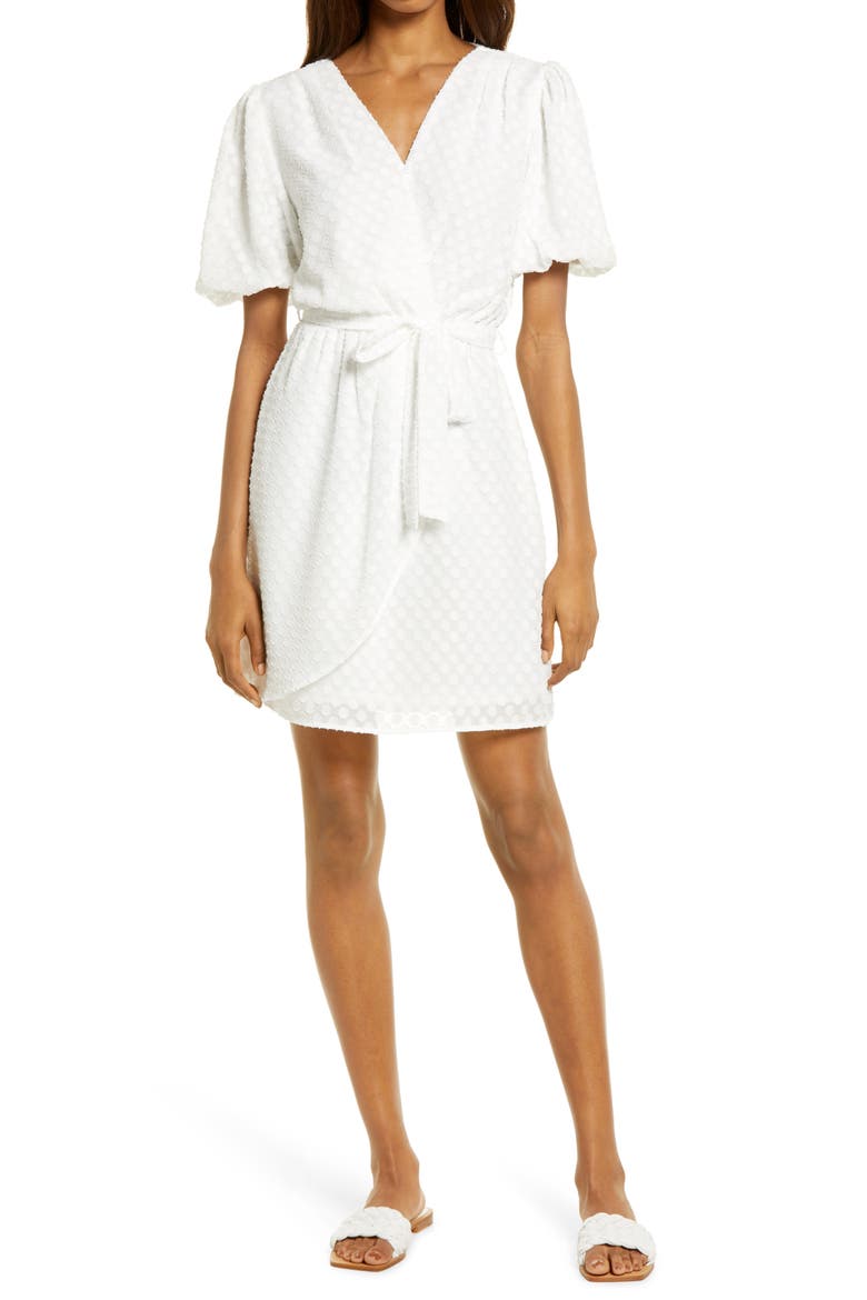 Dot Jacquard Faux Wrap Dress, Main, color, WHITE