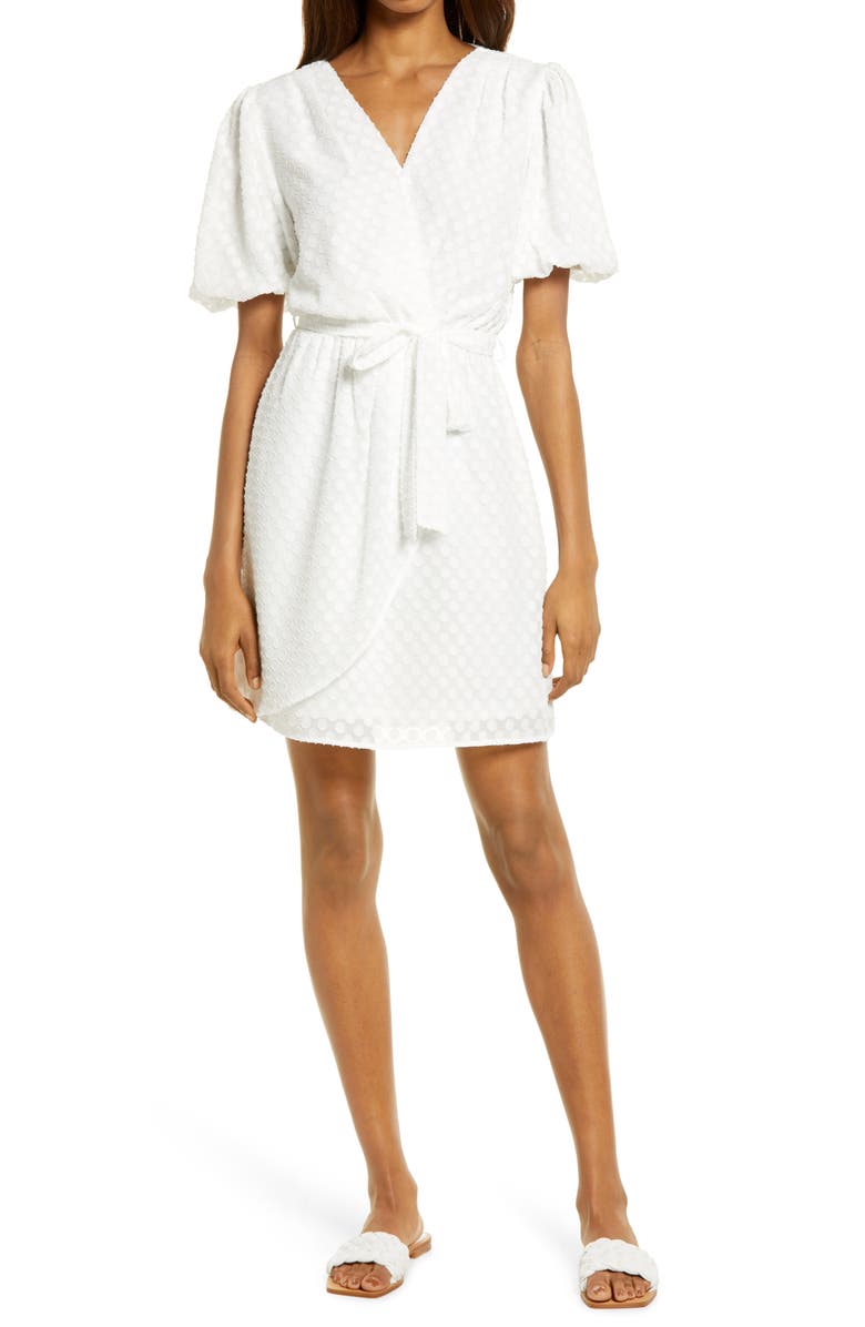 Fraiche by J Dot Jacquard Faux Wrap Dress, Main, color, White