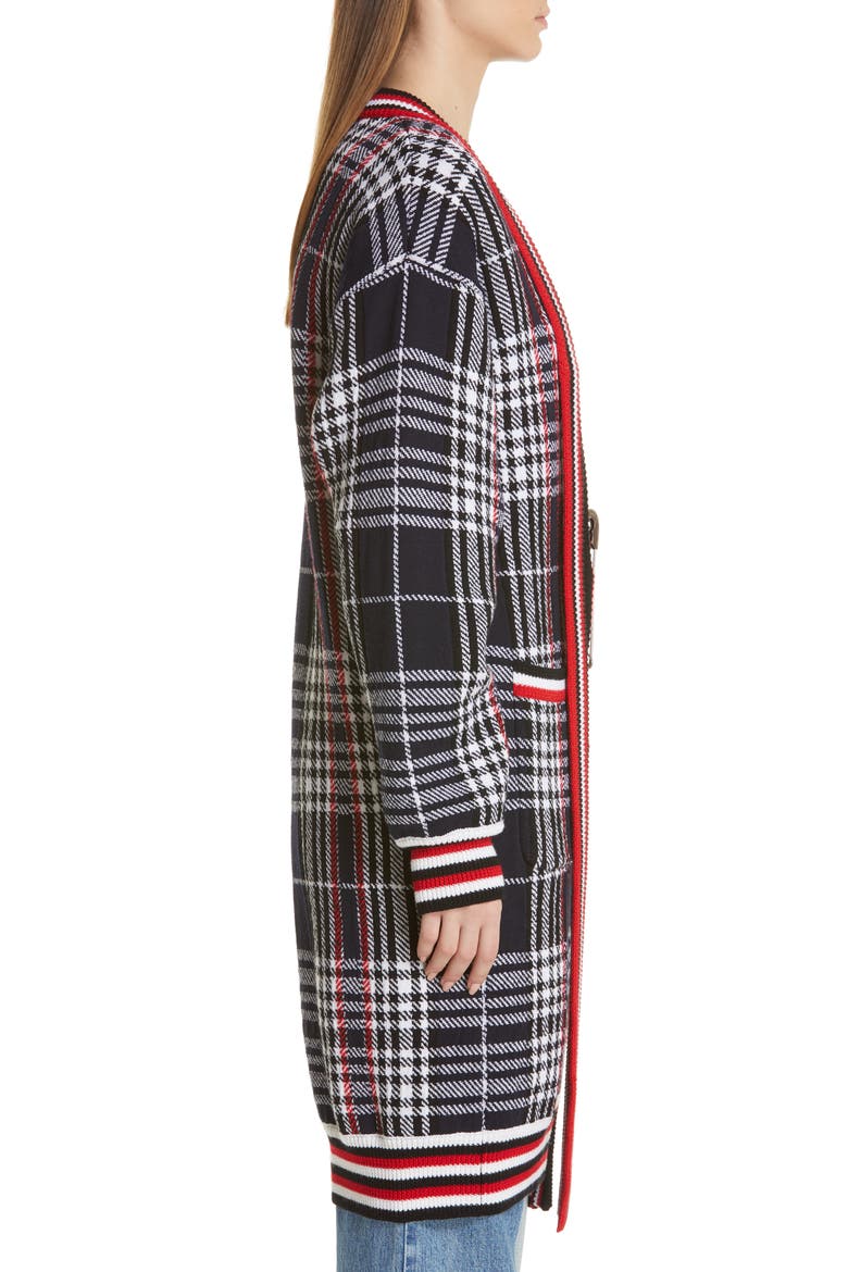 Tie Neck Longline Plaid Wool Cardigan, Alternate, color, BLACK PLAID