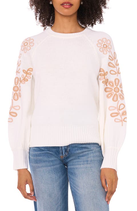 Floral Embroidered Bubble Sleeve Sweater