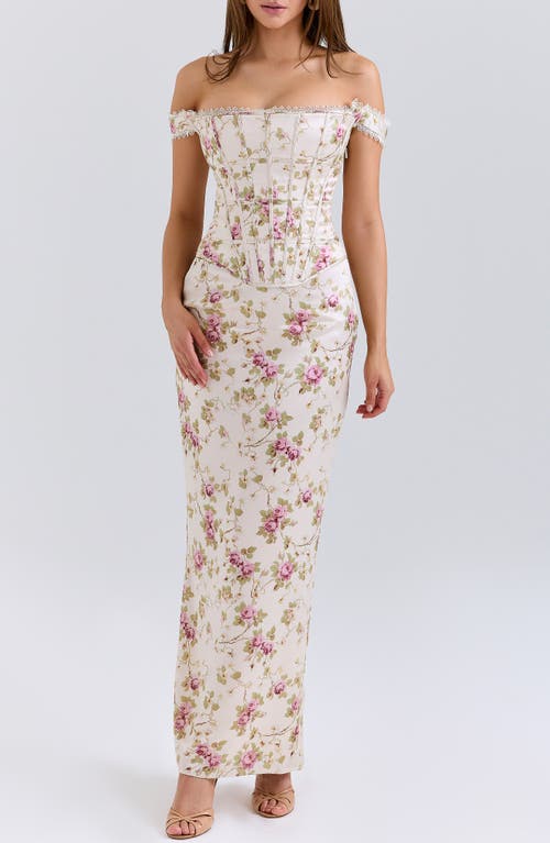 House Of Cb Womens Vintage Cream Print Isis Corseted Satin Maxi Dress In Neutral