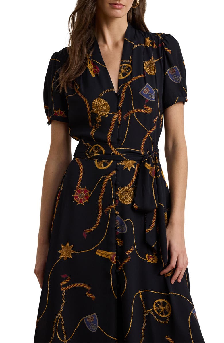 Lauren Ralph Lauren Nautical Print Belted Georgette Shirtdress, Alternate, color, Navy Multi