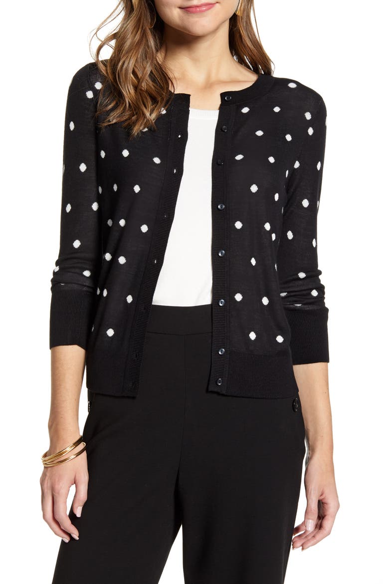 Jacquard Crewneck Cardigan, Main, color, BLACK- IVORY DOT