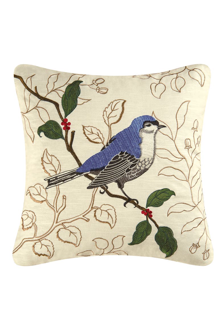 Gnatcatcher Embroidered Throw Pillow, 17" x 17", Main, color, Off-White