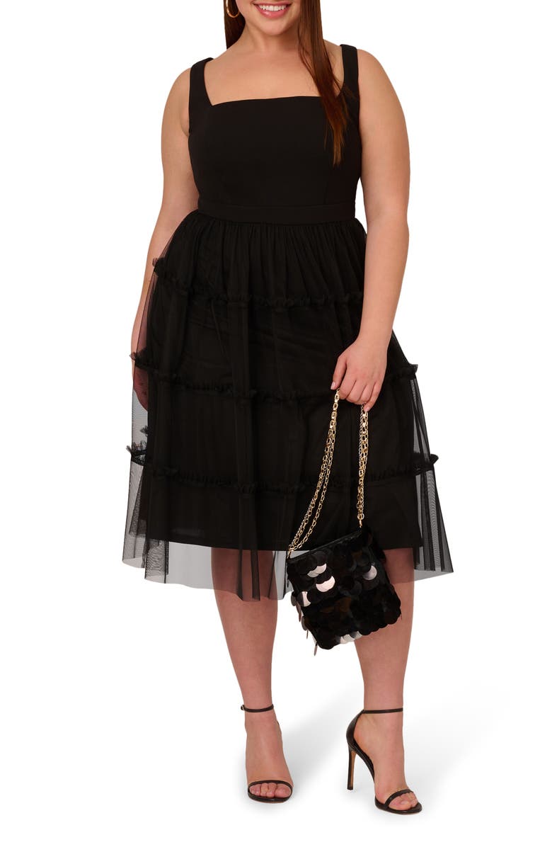 Adrianna Papell Mesh Overlay Tiered Midi Cocktail Dress, Alternate, color,