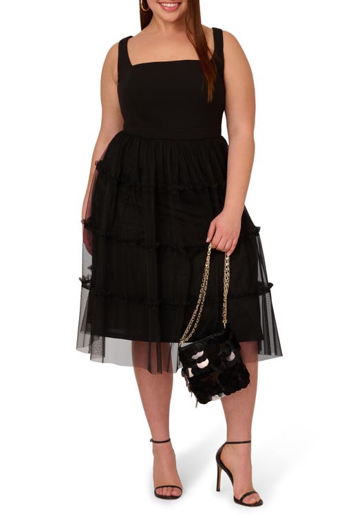 ADRIANNA PAPELL ADRIANNA PAPELL MESH OVERLAY TIERED MIDI COCKTAIL DRESS 