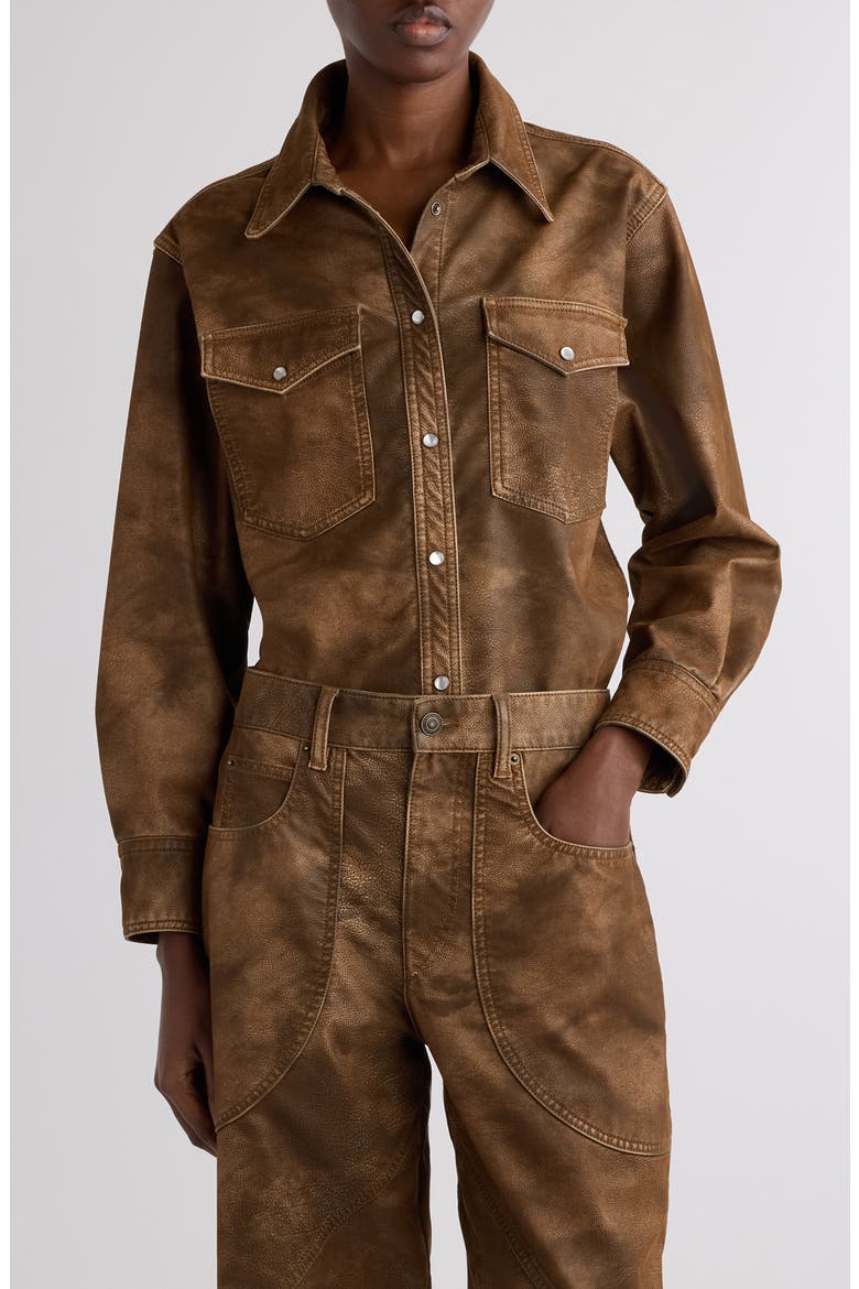Karima Faux Leather Snap-Up Shirt, Main, color, TABACCO