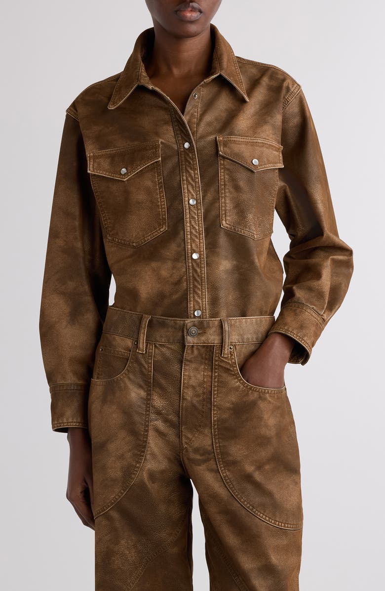 Isabel Marant Étoile Karima Faux Leather Snap-Up Shirt, Main, color, Tabacco
