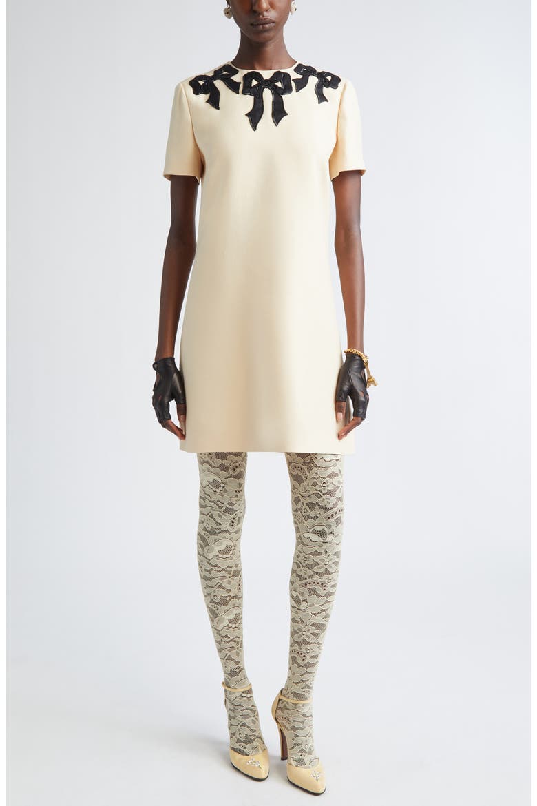 Beaded Bow Detail Crepe Couture Minidress, Main, color, CREAM/ BLACK
