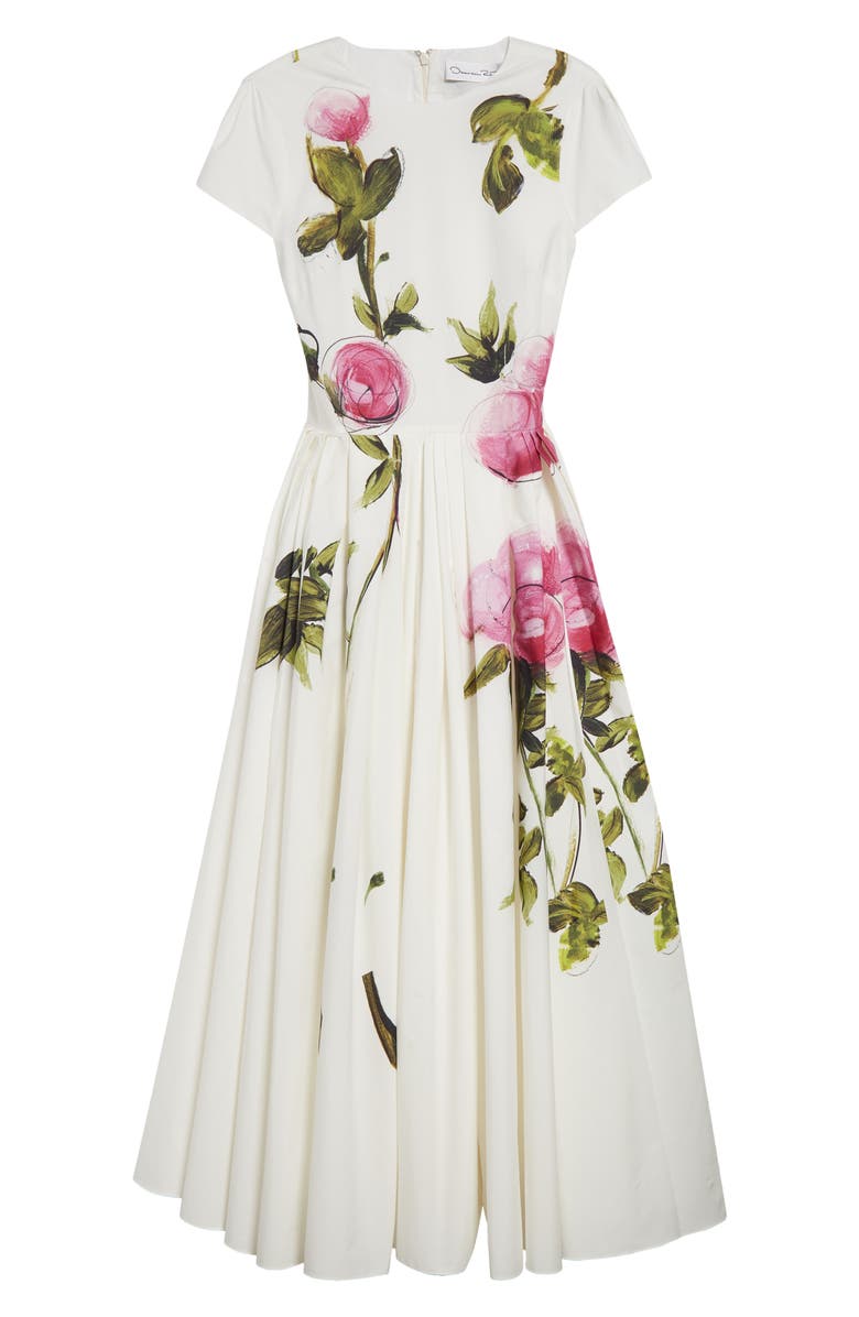 Oscar de la Renta Painted Roses Pleated Stretch Poplin Dress, Alternate, color, 