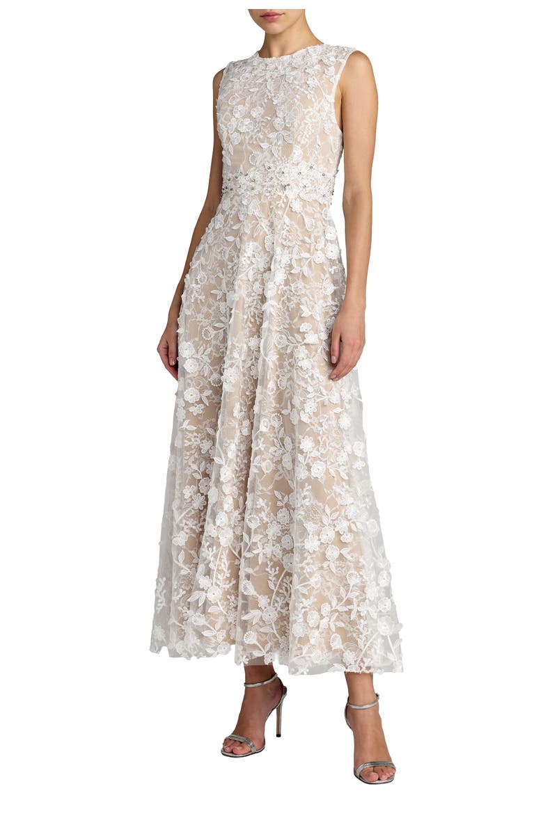 Mac Duggal Floral Embroidered High Neck Midi Dress, Alternate, color, Ivory Nude
