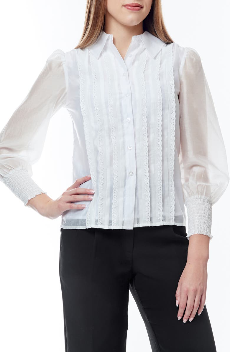 BY DESIGN Natalie Lace Trim Pleated Front Button-Up Shirt, Main, color, 