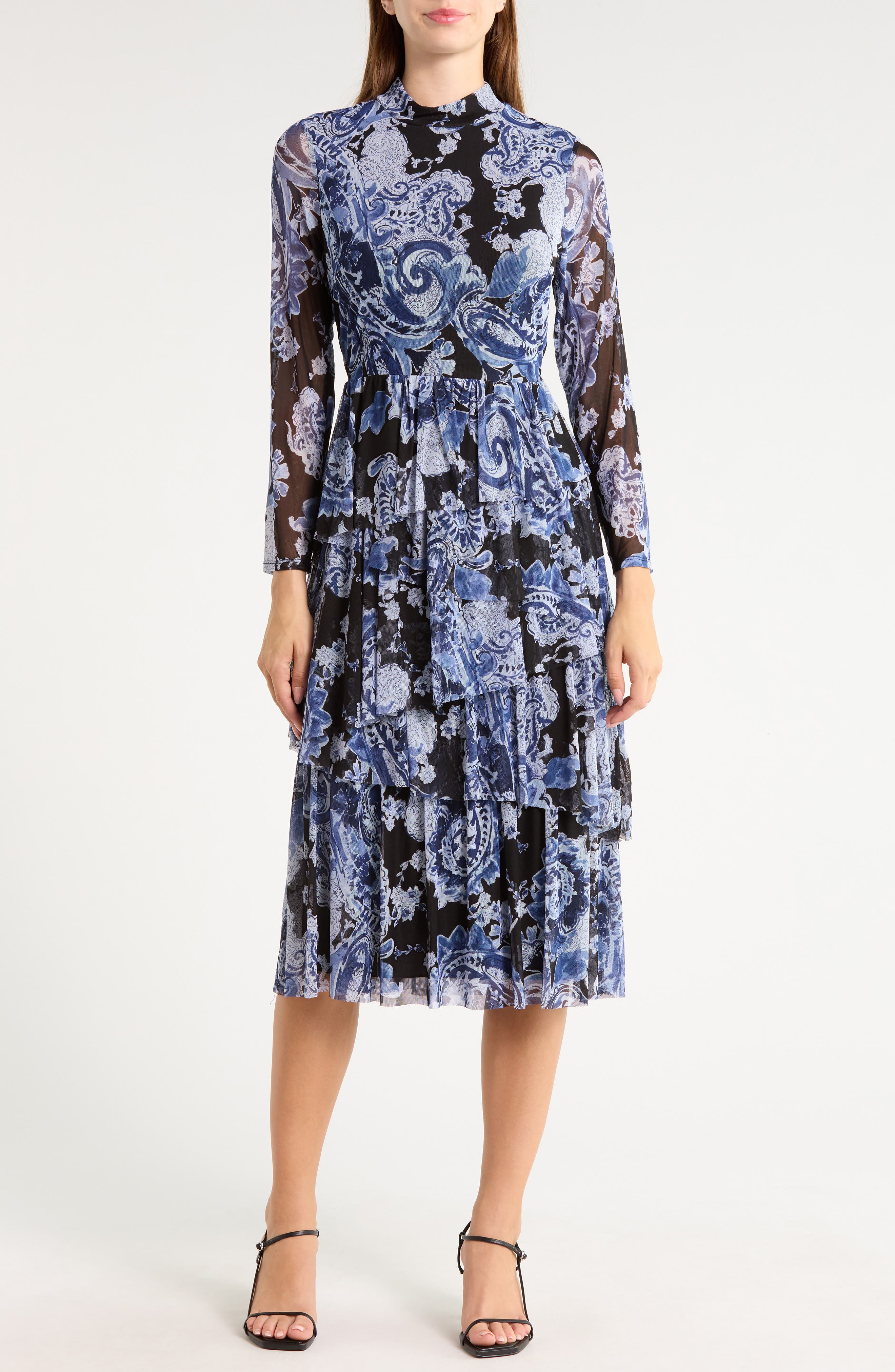 Paisley Long Sleeve Tiered Mesh Midi Dress