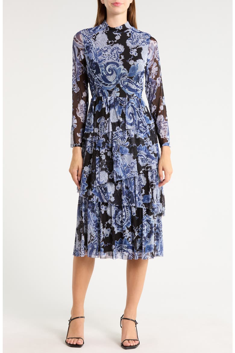 Paisley Long Sleeve Tiered Mesh Midi Dress, Main, color, BLK/ DEM
