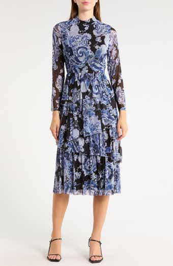 Paisley Long Sleeve Tiered Mesh Midi Dress