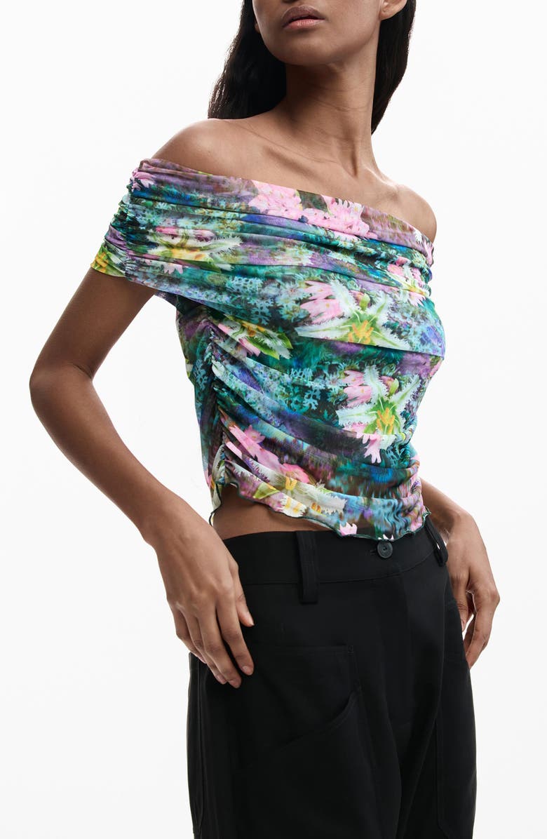 Desigual Off the Shoulder Stretch Mesh Top, Alternate, color, Green