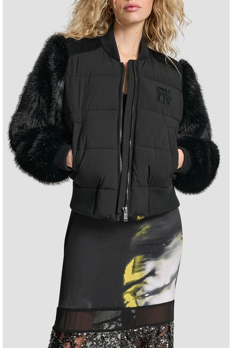 Crop Faux Fur Sleeve Bomber Jacket, Main, color, BLACK