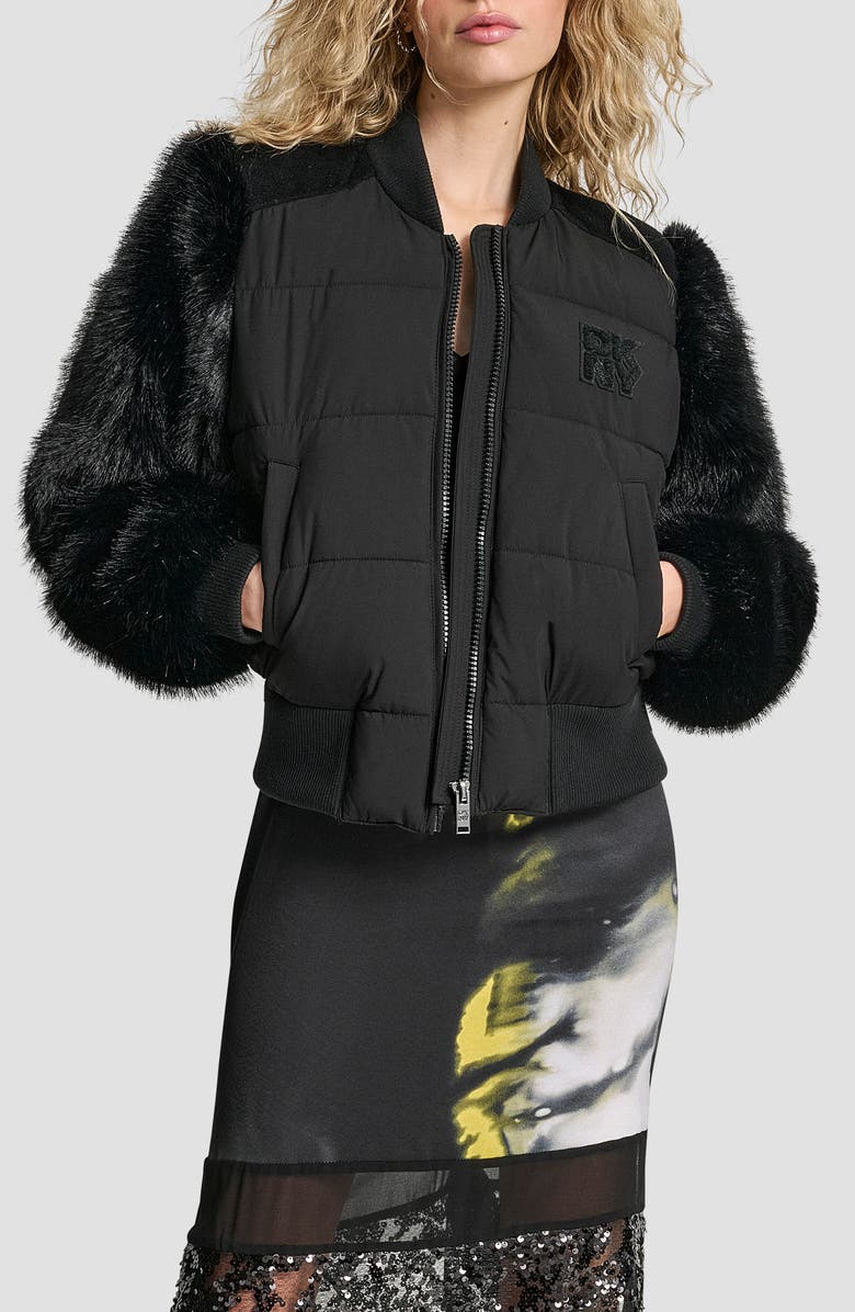 DKNY Crop Faux Fur Sleeve Bomber Jacket, Main, color, Black