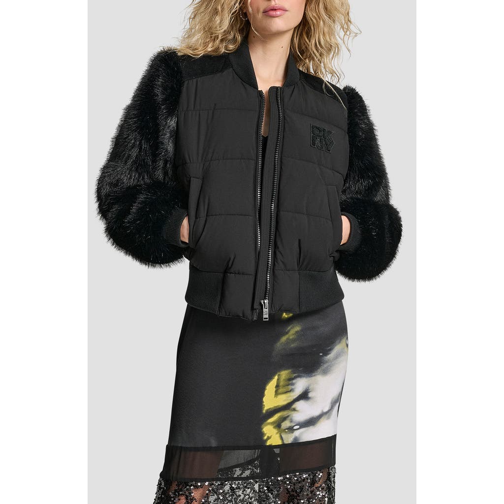 Dkny Crop Faux Fur Sleeve Bomber Jacket In Black