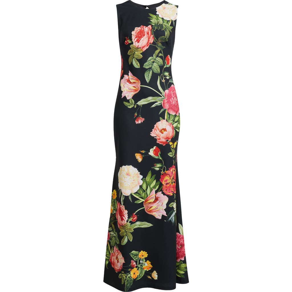 Vince Camuto Floral Sleeveless Scuba Mermaid Gown In Black Multi