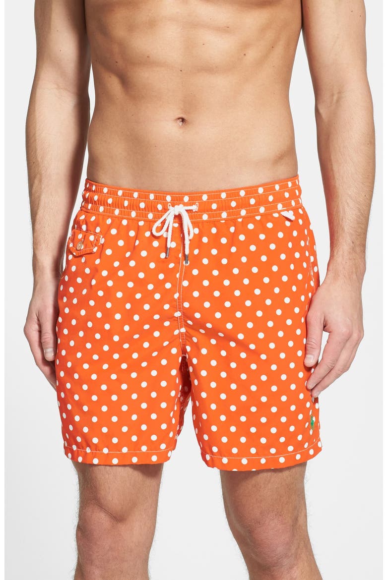 Quick Dry Swim Trunks, Main, color, ORANGE POLKA DOTS