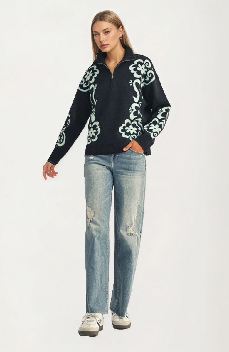 Knit and Lounge Floral Quarter Zip Sweater, Alternate, color, 