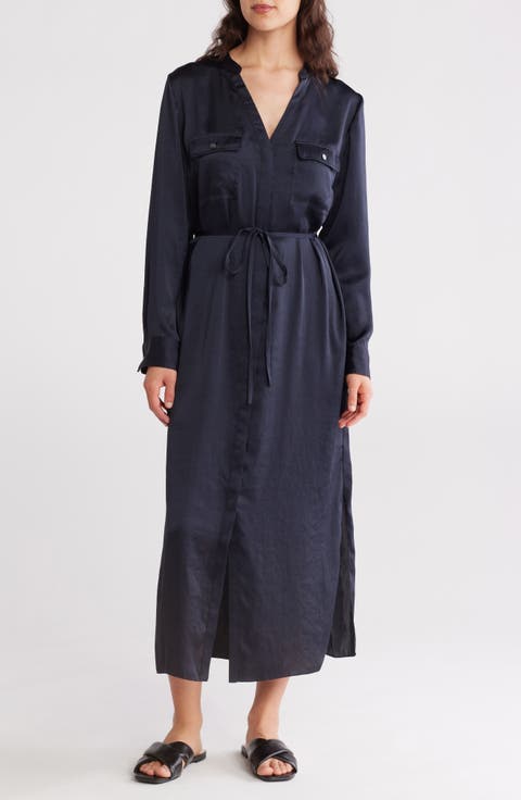 Long Sleeve Crushed Satin Utility Shirtdress