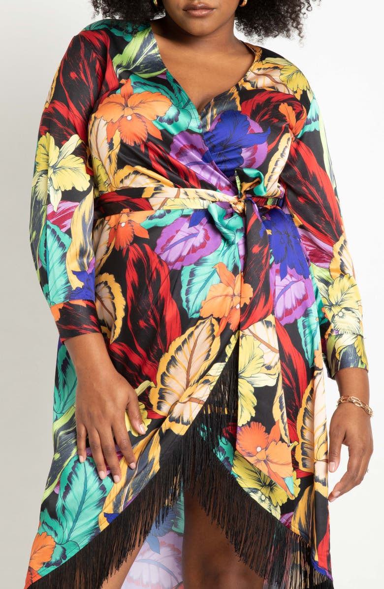 ELOQUII Fringe Trim Long Sleeve Wrap Dress, Alternate, color, 