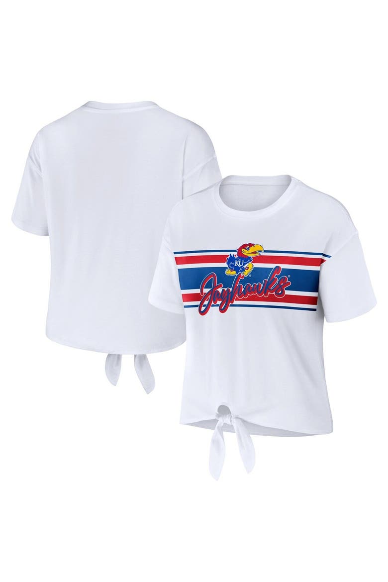 Women's WEAR by Erin Andrews White Kansas Jayhawks Striped Front Knot Cropped T-Shirt, Main, color, White