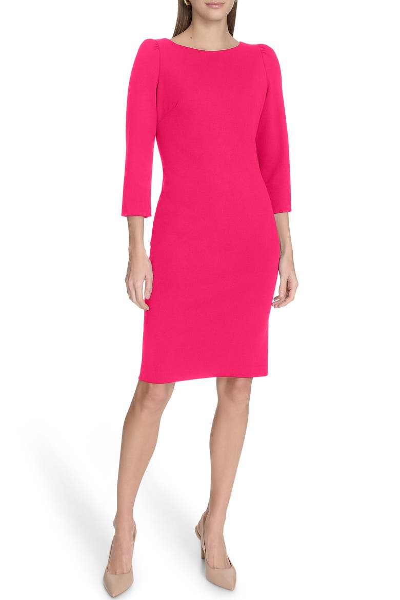 Three-Quarter Sleeve Scuba Crepe Sheath Dress, Main, color, WATERMELON